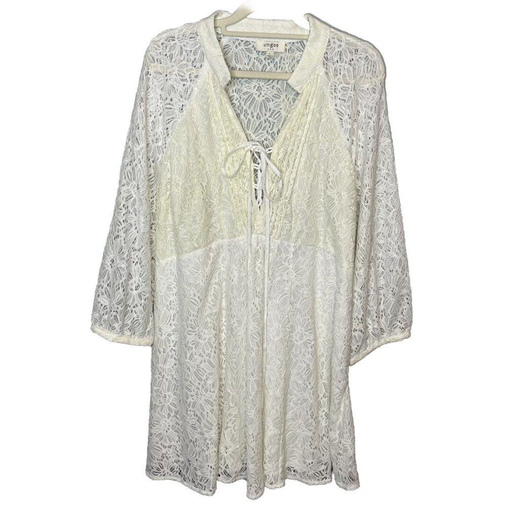 Umgee Swim Coverup Dress Size Large White Long Sleeve Lace Short Beach Pool